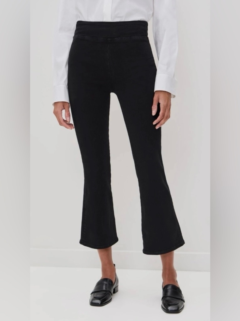 Frame Jetset Crop High Rise Black Cotton Blend Pull On Flare Jeans